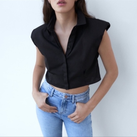 Zara women’s poplin shoulder pads shirt top Size L - Picture 7 of 9